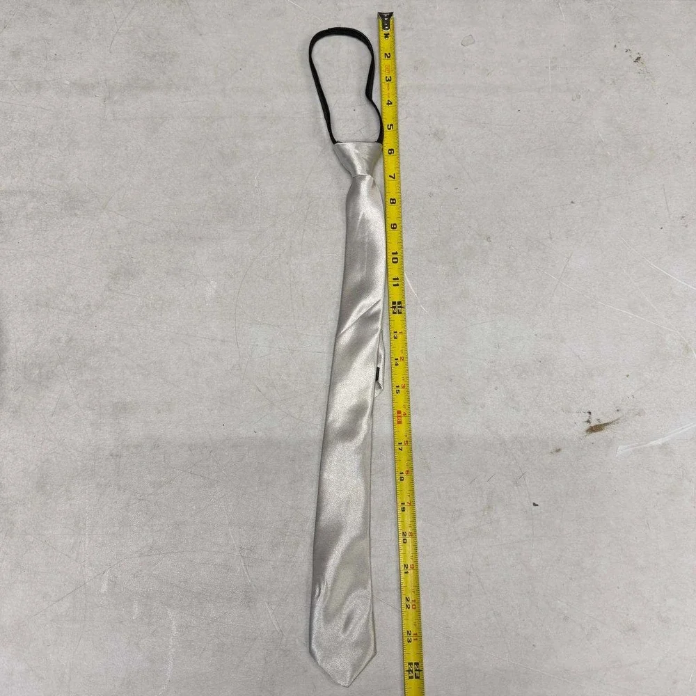 Aurya Silver Solid Color Boys Tie, Polyester Satin Pre-tied Necktie with Adjusta